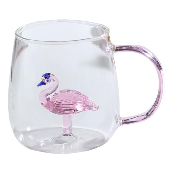 Handgefertigtes Glas Tier Pflanzenform Transparentes Wasserglas Niedliches Kaffee Milch Trinkglas mit buntem Henkel Flamingo