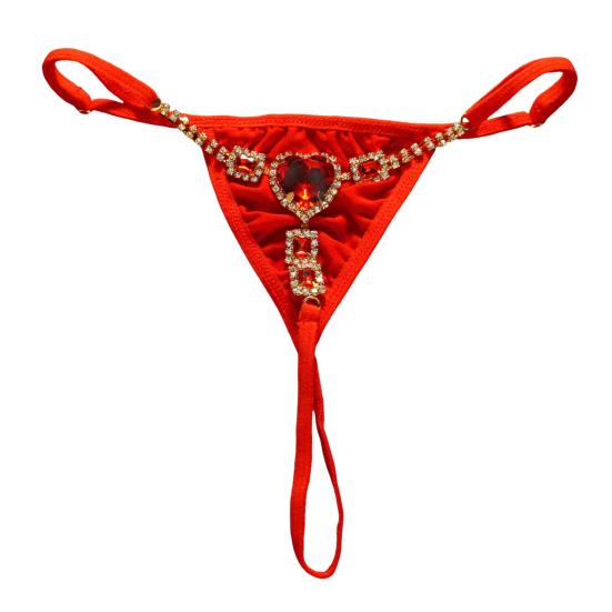 Sexy Strass String für Damen Mini G-String Bikini String Low Rise T-Back Unterhose Taillen-Körperkette Schmuck für Festival Rave rot
