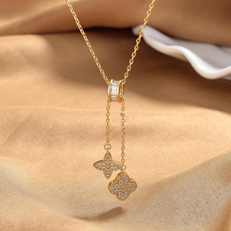 Modische Halskette mit vierblättrigem Kleeblatt und Quaste am Schlüsselbein, doppelseitige Halskette mit Zirkonia-Muschelstein, exquisite Luxus-Halskette für Damen gold
