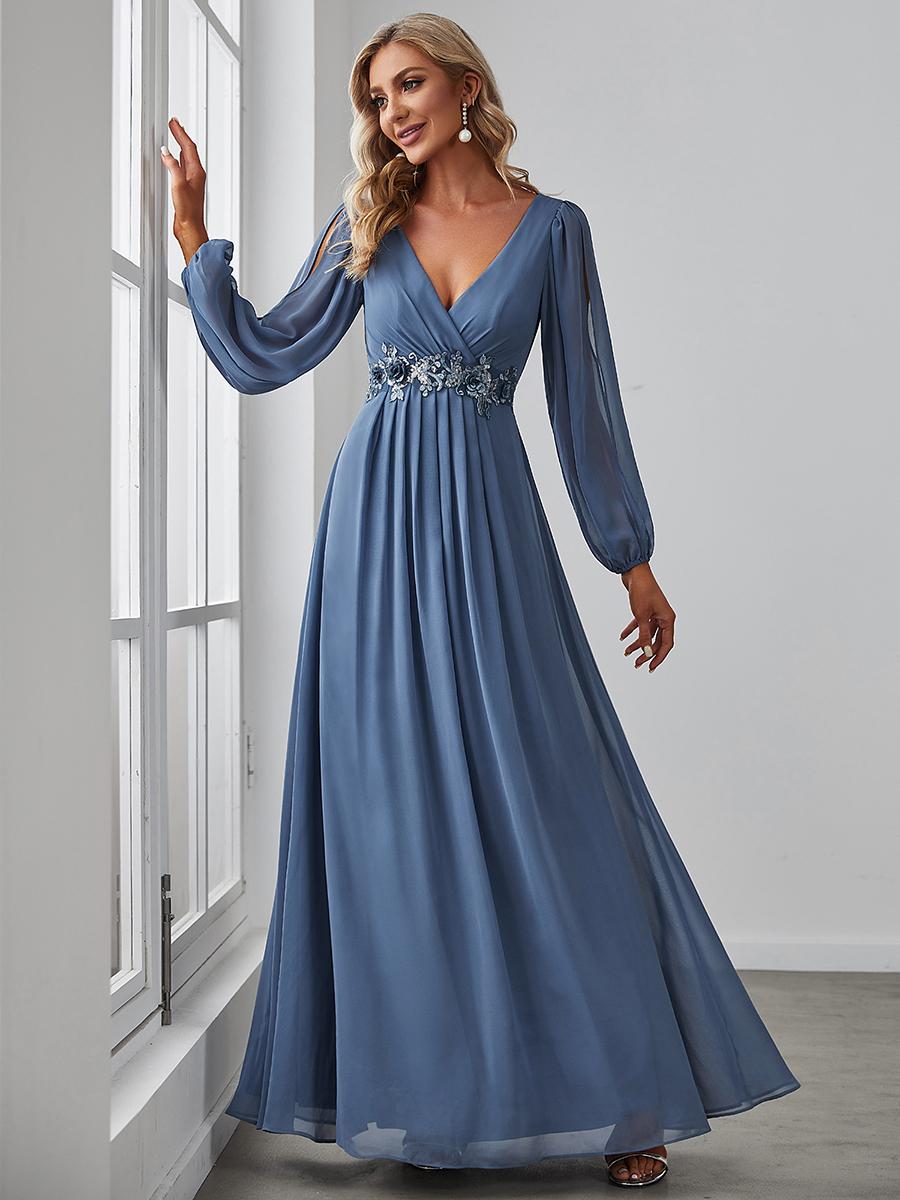 Ever-Pretty Damen Bodenlanges Abendkleid mit langen Laternenärmeln, Chiffon, tiefem V-Ausschnitt und Applikationen, Hochzeitsgastkleid 2XL luftwaffe blau