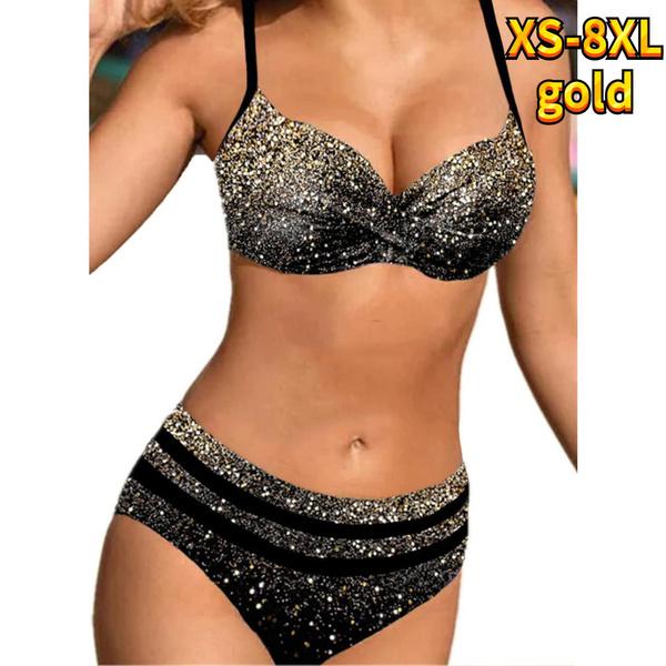 Damen-Bikini-Set, Damen-Bikini-Set, Sommer-Bademode, zweiteilig, Panel, Strandmode, Einteiler, Übergröße XXL gold