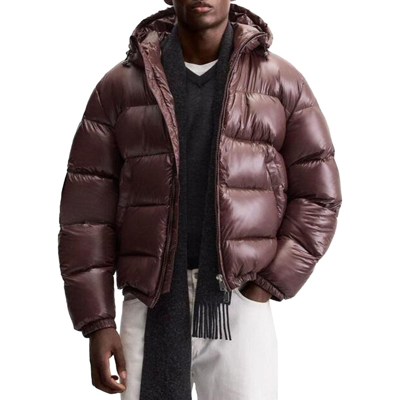 Herren Casual einfarbige langärmlige Kapuzenjacke mit Baumwollfüllung, Herren verdickte warme lockere Taschen Brotjacke Mantel S weinrot