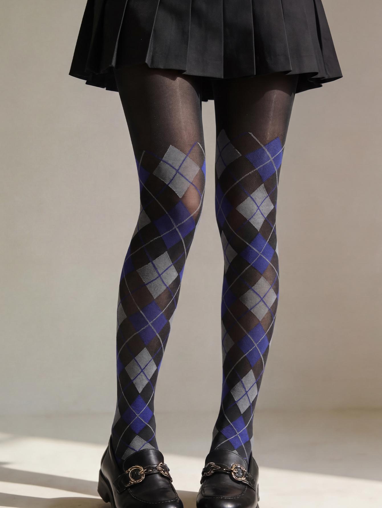 Preppy Argyle Strumpfhosen-Set, Durchsichtige Dehnbare Karomuster-Strumpfhosen, Preppy Style Schulmädchen-Strumpfhosen One Size black