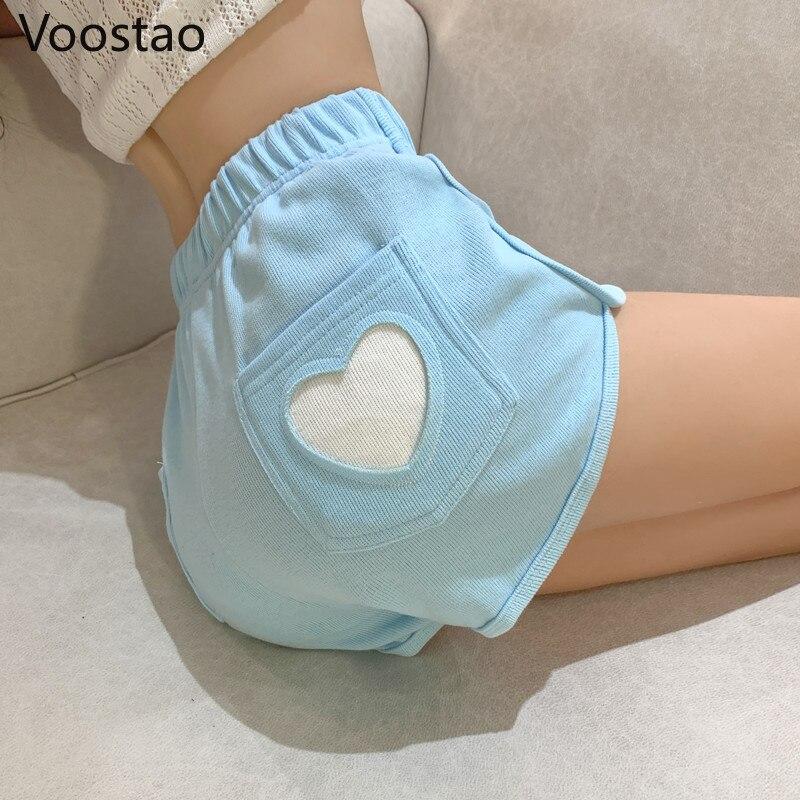 Süße Harajuku Sport Shorts Weibliche Koreanische Nette Liebe Lolita Casual Shorts Mädchen Hohe Taille Lose Punk Shorts S blau