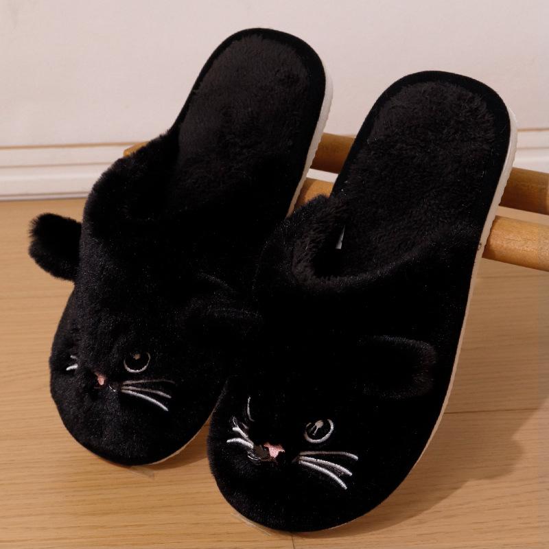 Niedliche Katzen Hausschuhe Damen Plüsch Hausschuhe Cartoon Kätzchen Muster, Warme Indoor Hausschuhe für Herbst und Winter, Unisex Weiche Hausschuhe, Paar Hausschuhe 38-39 schwarz