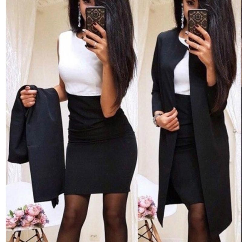 Neue Damenmode zweiteiliges schlankes Bürokleid mit langen Ärmeln einfarbige Jacke OL professionelle Business-Anzüge S schwarz