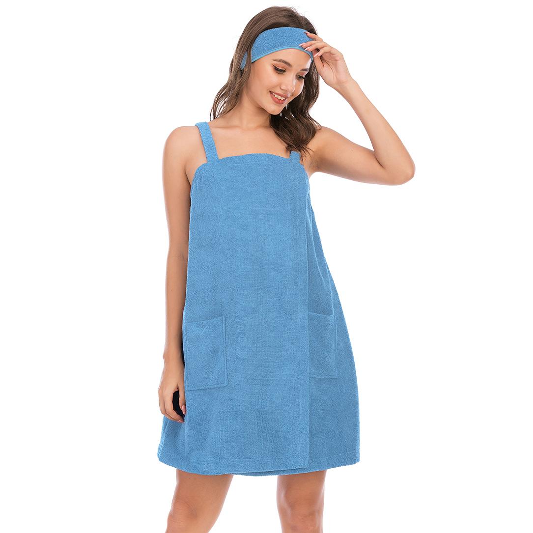 Bright Deer Damen-Bademantel aus Frottee, Spa, Badetuch, Bademantel mit Trägern, schnell trocknend, Frottee-Klettverschluss, elastischer Duschbademantel mit Stirnband, weich, für Fitnessstudio, Pool, Abdeckung S hellblaue