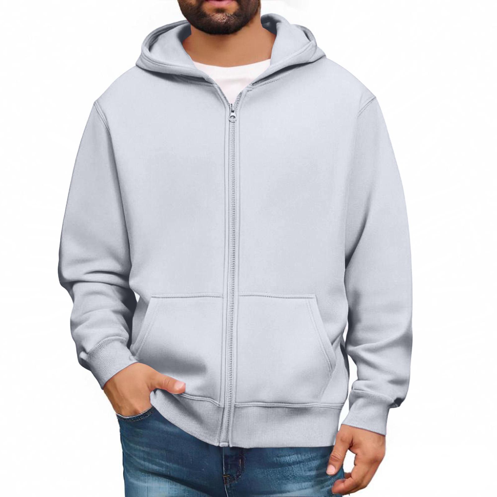 Herren Sweatshirts mit durchgehendem Reißverschluss, langärmlige Pullover-Tops, lässige und große Jacken mit Taschen M hellgrau