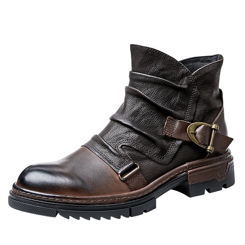 Herren Motorradstiefel Echtlederschuhe Herren Schnalle Stiefeletten Handgefertigte Retro Lederstiefel Luxus Herren Retro Schuhe 43 kaffeebraun