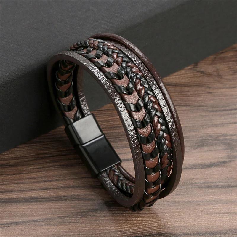Klassisches handgewebtes Lederarmband, 19/21/23 cm, mehrschichtiges Leder, Herren-Armband, Punk-Armreif für Freunde, Charm-Schmuck, Geschenke 23cm