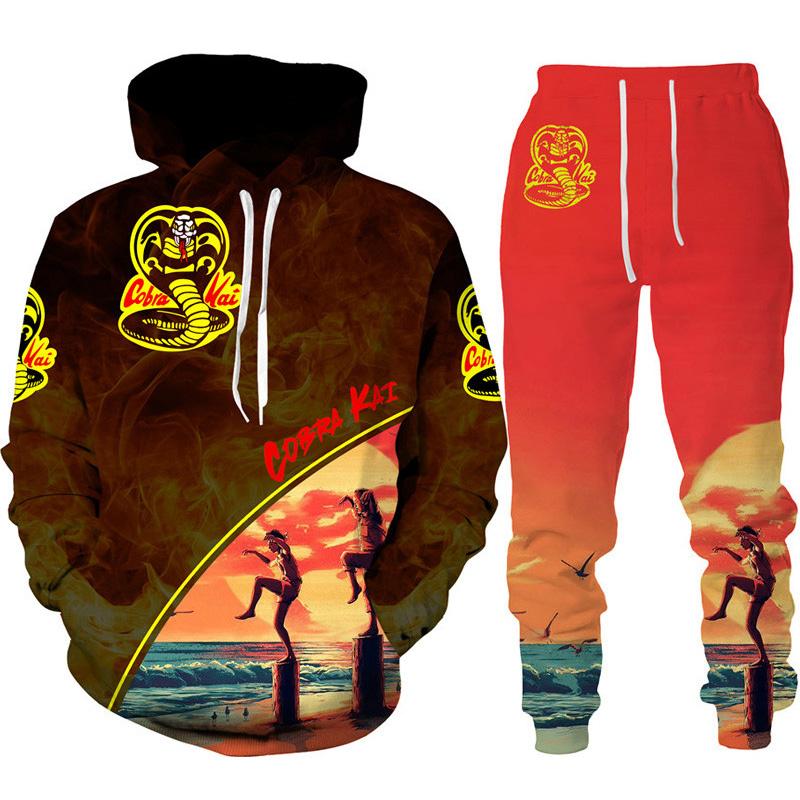 Lustiger Cobra Kai 3D-Druck-Trainingsanzug für Herren, cooler Hoodie/Hosen/Anzug Hip Hop 2022, modisches Langarm-Jogging-Sportbekleidungs-Athletik-Set 4XL rot