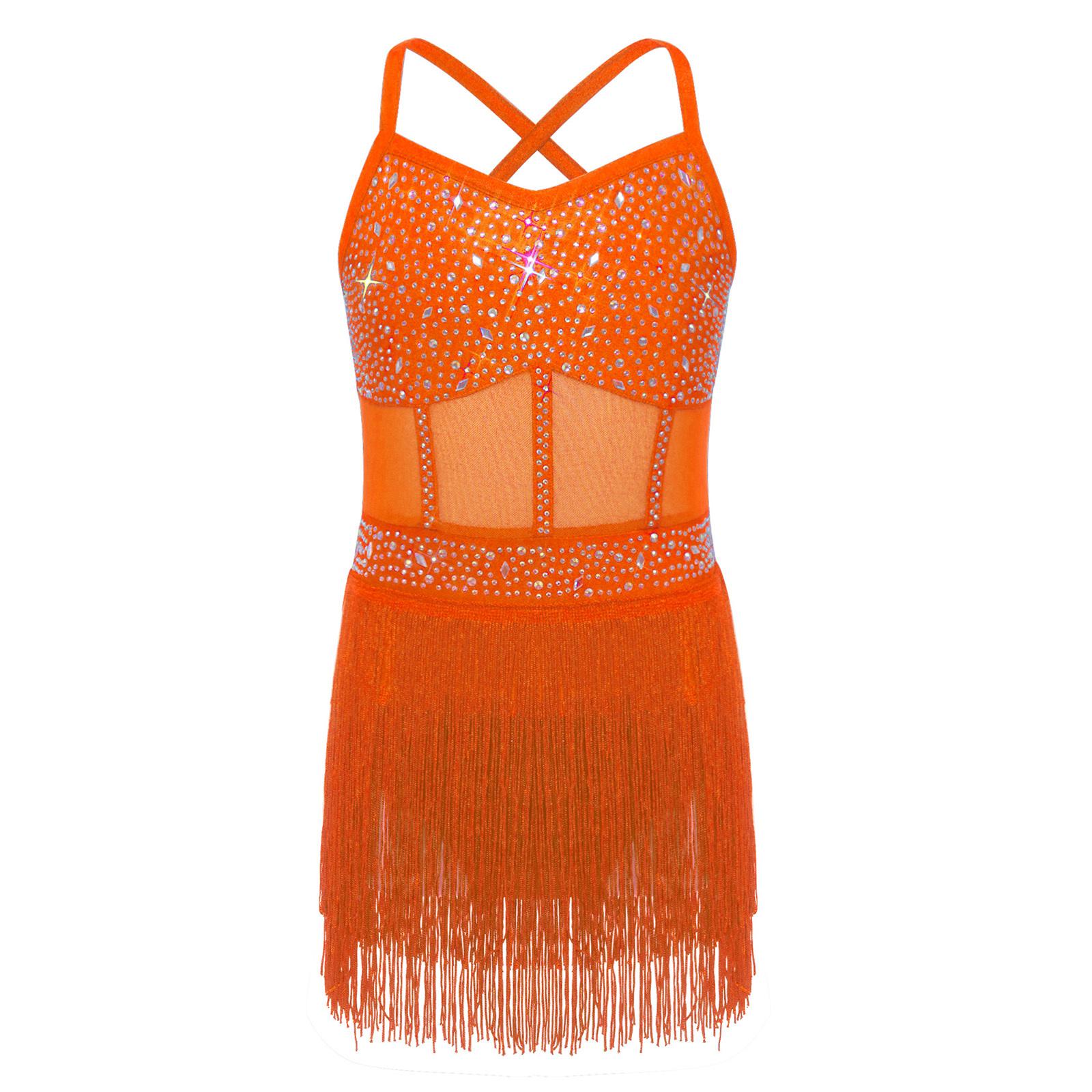 Mädchen Strass Latein Tango Tanz Leotard Kleid Durchsichtiges Netz Patchwork Mehrlagig Quaste Fransen Einteiler Body Kleid Tanzkleidung 9-10 Years fluoreszierende orange