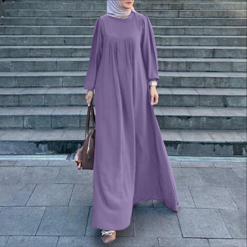 ZANZEA Damen Rundhals Locker Langarm Muslimisches Lässiges Langes Kleid L violett