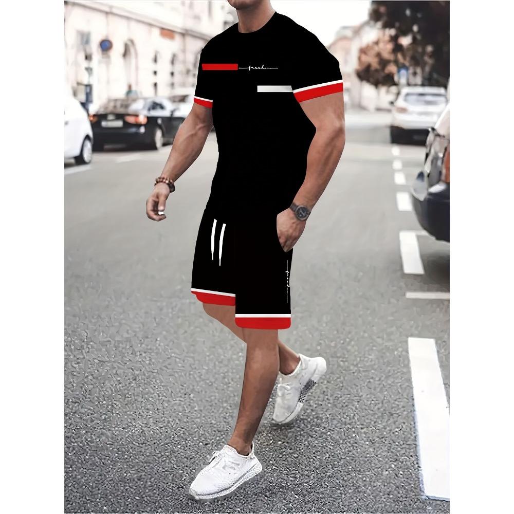Kebisi Herren Casual 3D Digitaldruck 2-teiliges Set Casual Kurzarm Rundhals T-Shirt Sport Shorts Sommer Outdoor Casual Herrenanzug M