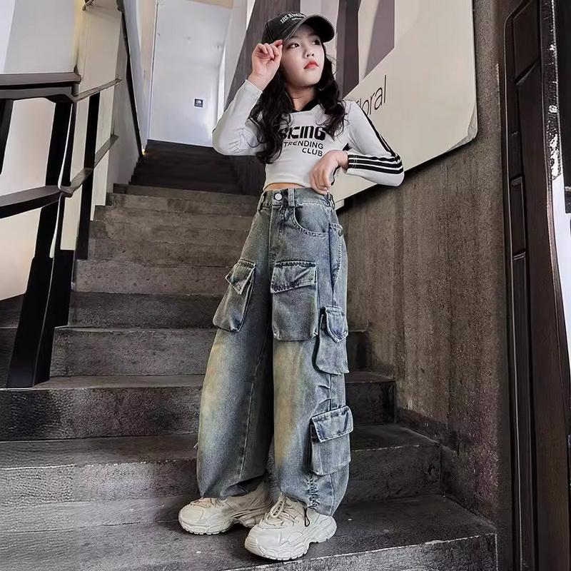 Cargo-Jeans für Mädchen Frühling Lockere Beiläufige Elastische Taille Teenager Kinder Breite Bein Hosen Design Streetwear Kinder Hosen 120cm blau