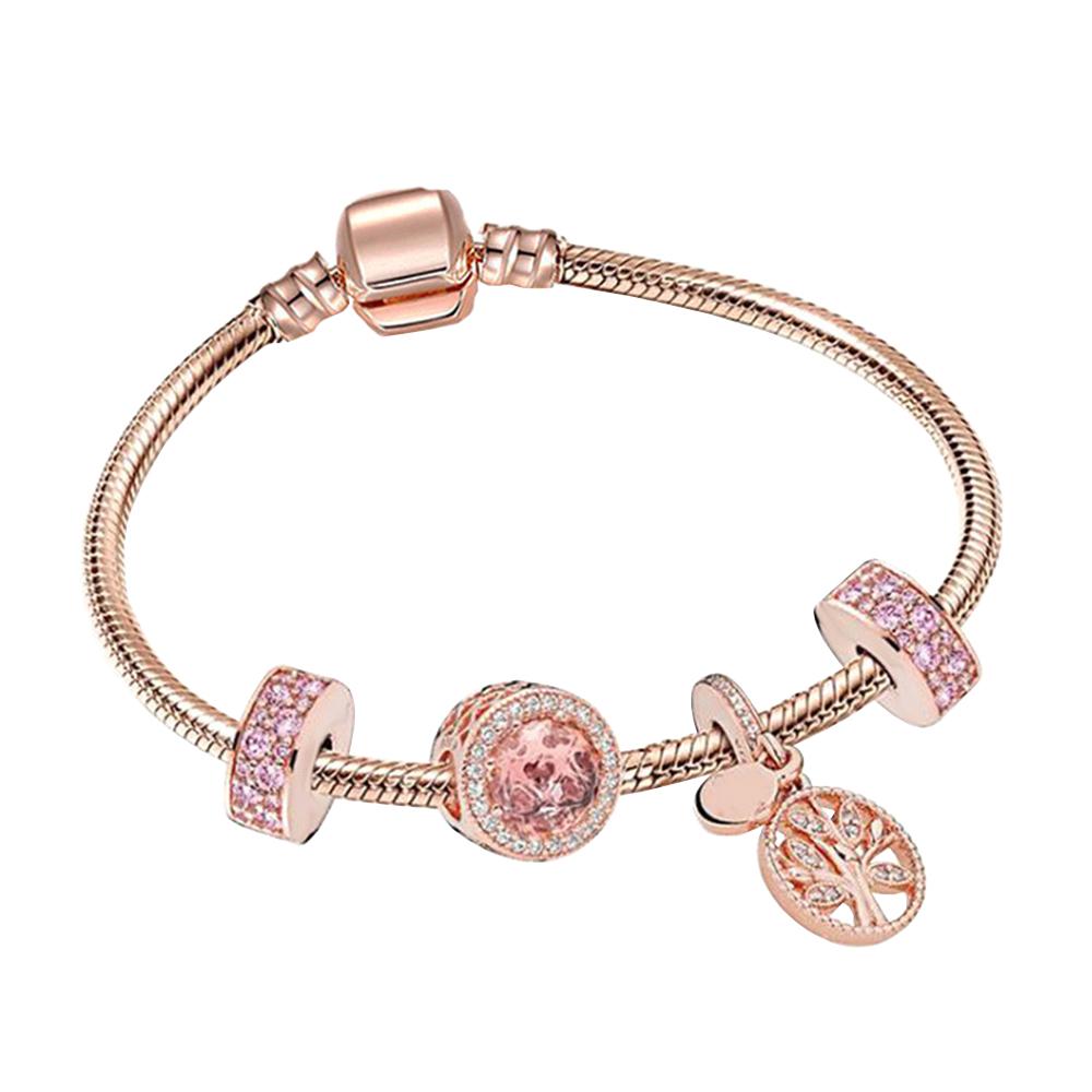 S925 Silber 14 Karat Roségold plattiertes rosa kleines Gänseblümchen-Schlangenkettenarmband-Set passend für Damen-Geburtstagsgeschenke Modeschmuck 19cm&Rose Gold