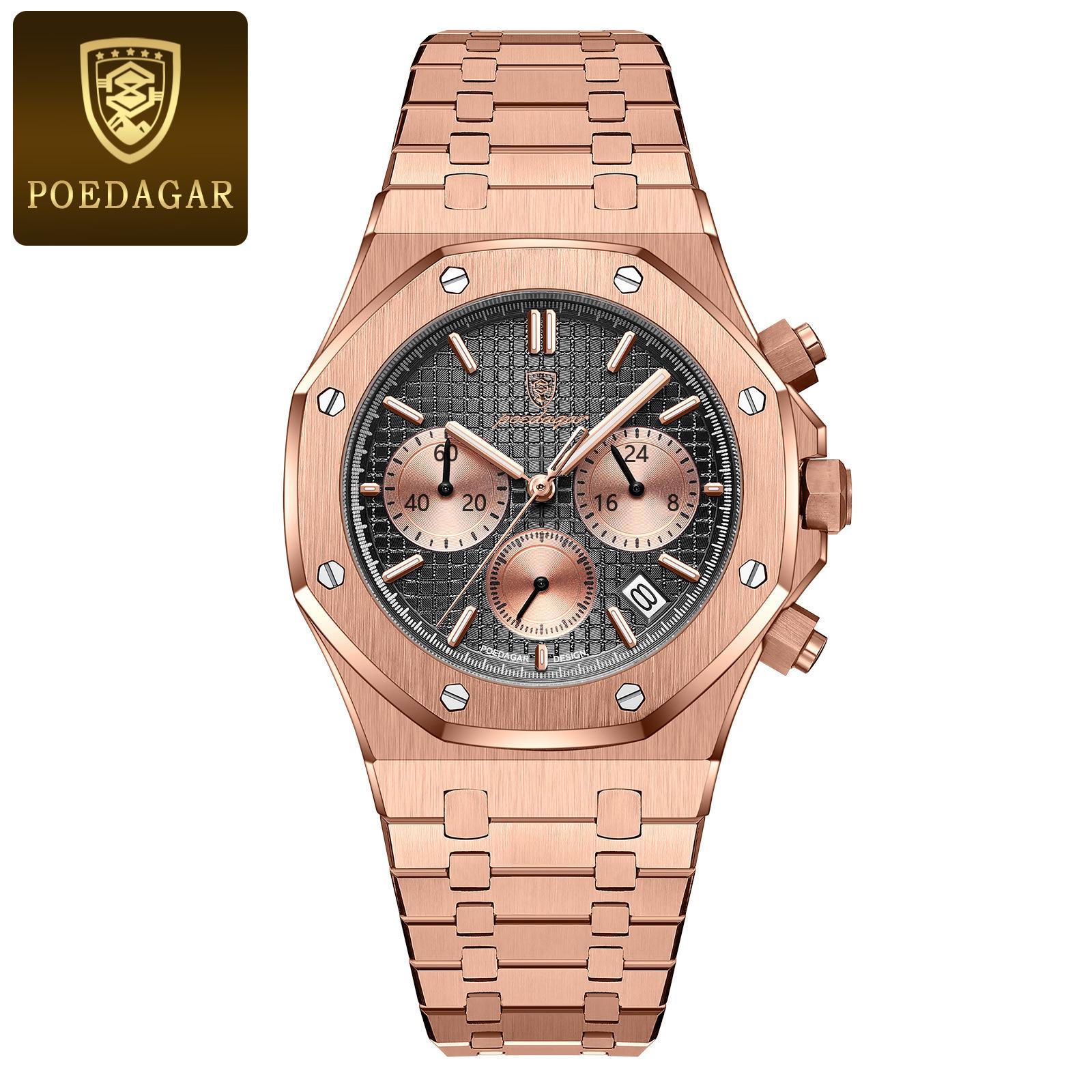 POEDAGAR Herrenuhren Feiner Stahl Modische Original-Quarzuhr für Männer Wasserdicht Leuchtende Datums-Chronograph Luxus-Armbanduhr rose gold/schwarz