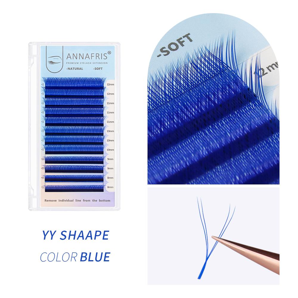 ANNAFRIS C/D Curl YY Lashes Farbe natürliche Y-Form einzelne Wimpernverlängerungen 0.07mm D 8-15mmMix blau