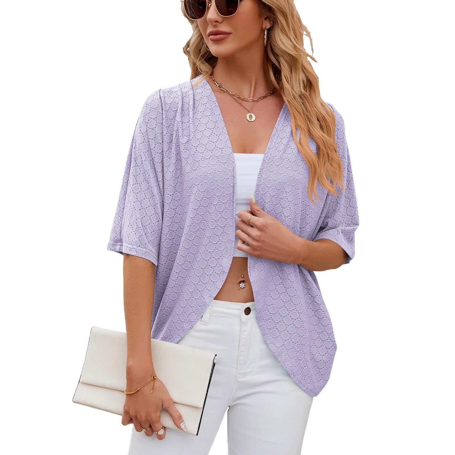 Sommer Damen Strickjacke Neue Einfarbig Mittelarm Strickjacke Strickjacke Jacke Klimaanlage Hemd S violett