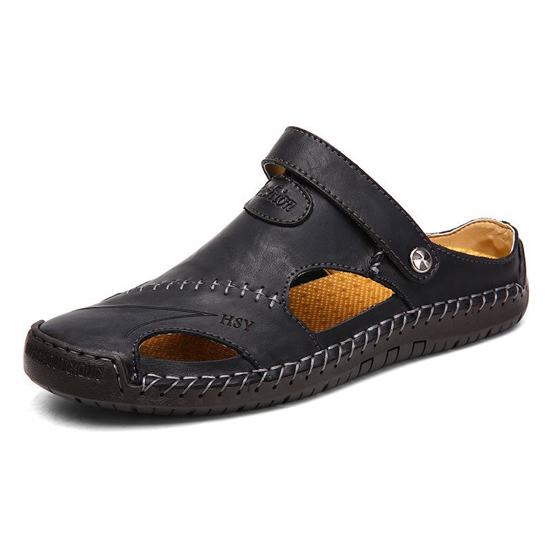Strandsandalen aus Leder in großen Größen für Herren – trendige Sommerschuhe mit Ziernähten, perfekt für den Freizeitlook am Strand oder in der Stadt. 46