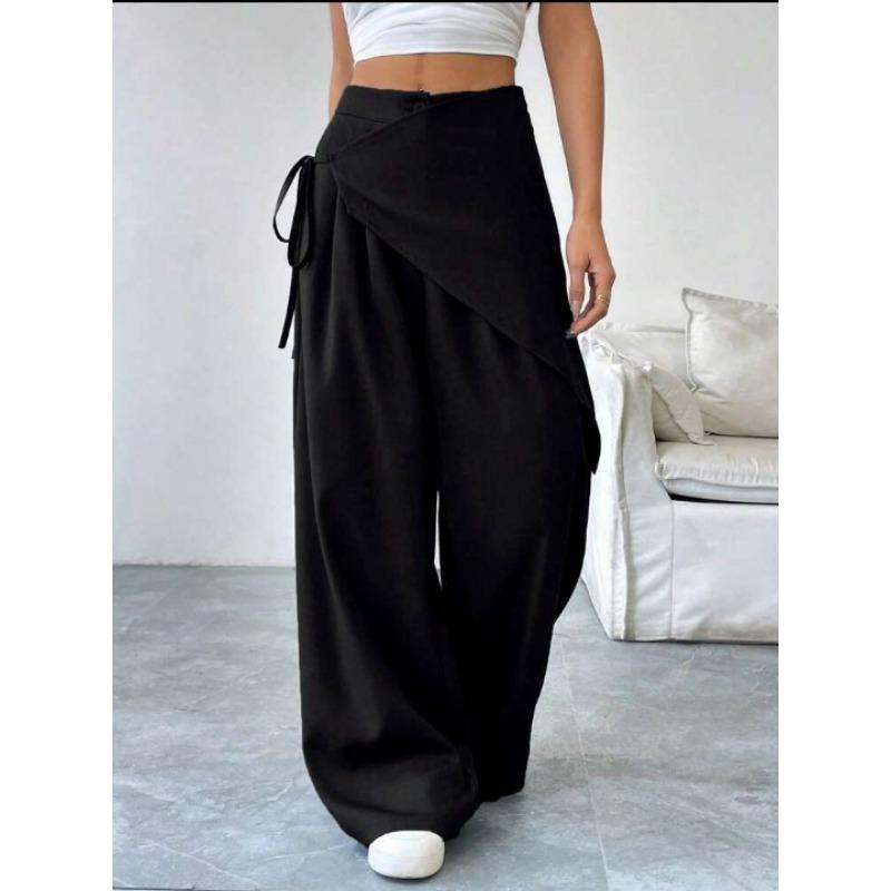 Unregelmäßige lockere Schnüranzughose für Damen Neues Design Schlanke Weitbeinige Hose für Damen Büro Unifarbene Frühling Herbst Freizeit Büro Modehose XXL schwarz