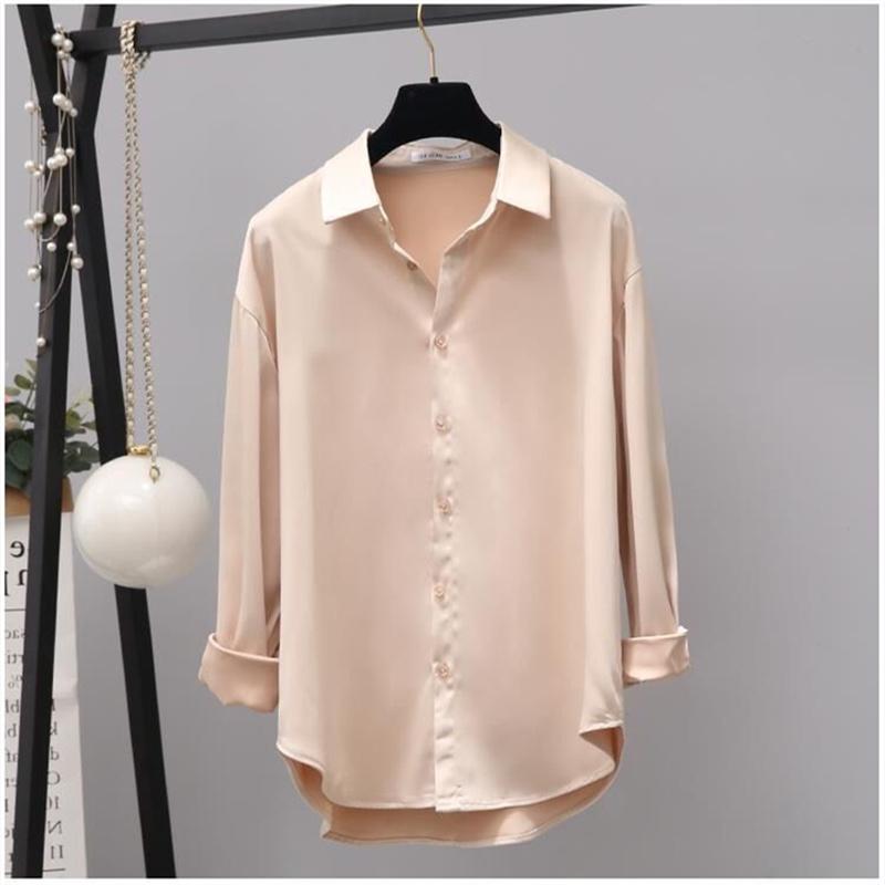 Frühling Herbst Revers Blusen Solide Weiß Schwarz Lose Langarm-shirt frauen Büro Bluse Mode Top XL apricot