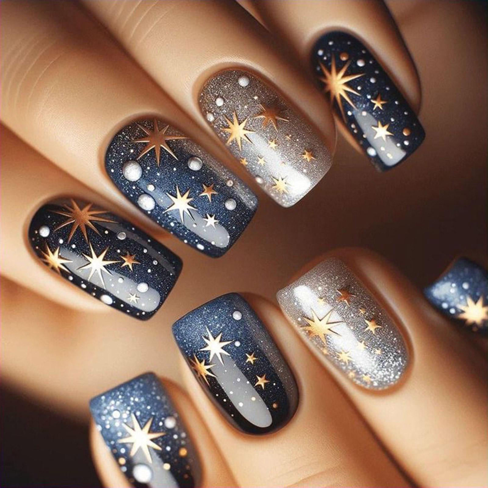 24 Stück Astral Falsche Nägel Bunte Künstliche Nägel Glitzernde Vollabdeckung Aufkleben Nägel Kurz Quadratisch Aufdrücknägel