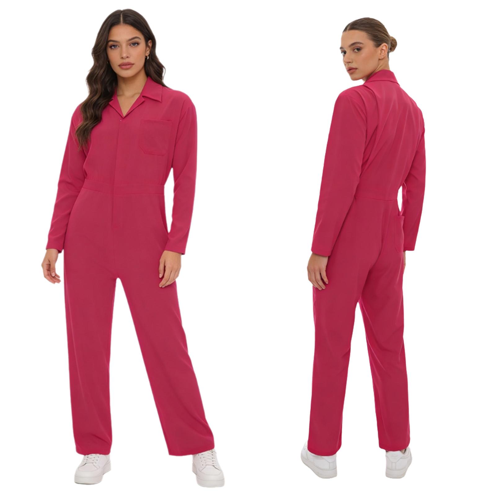 Damen Vollkörper Langarm Umlegekragen Reißverschluss Overall Arbeitskleidung Jumpsuit XL heißes rosa