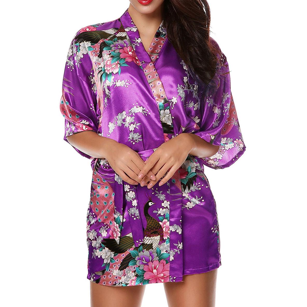 Seide Royal Floral Frauen Robe Sexy Hochzeitskleid Nachtwäsche Nachthemd Kimono Bademantel XL violett