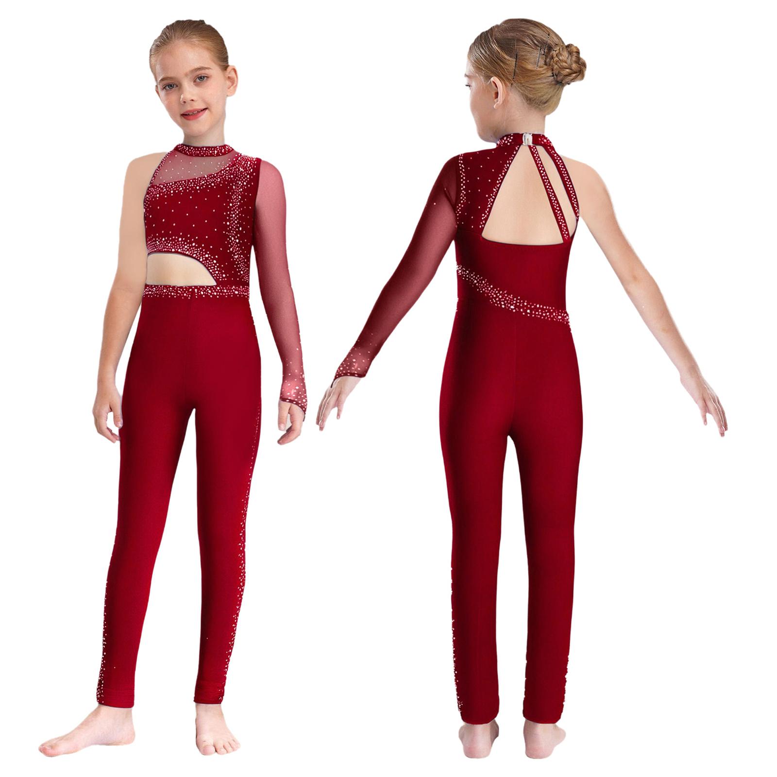 Mädchen Ein-Schulter-Gymnastik-Jumpsuit Durchsichtiges Netz Funkelnde Strasssteine Ganzkörper-Leotard Ballett Eiskunstlauf Unitard Kostüme 9-10 Years rot