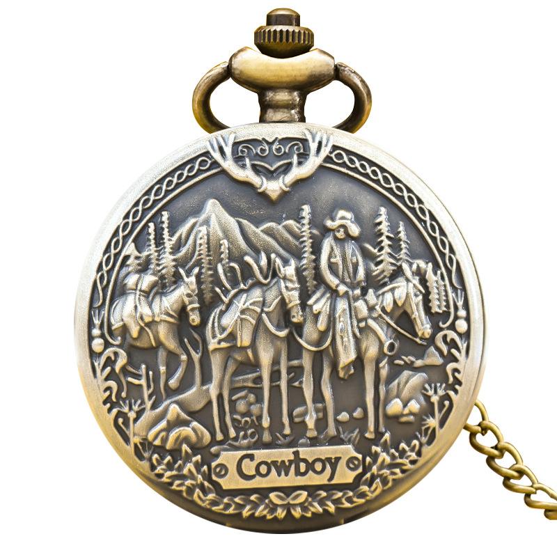 Klassische Western-Taschenuhr mit Cowboy- und Pferdemotiv, Quarzwerk, Retro-Stil, Halskettenanhänger für Damen und Herren, Geschenkidee