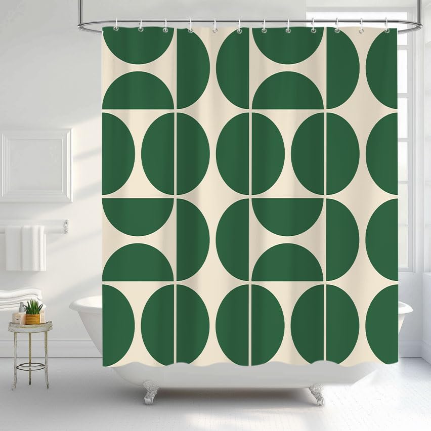 Grüner Mid-Century Modern Duschvorhang – Boho Abstrakt Geometrisches Muster, Retro Kunst Badezimmer Dekoration 12 Stück Haken 71X71 Zoll W165H190(CM)-1 Pcs