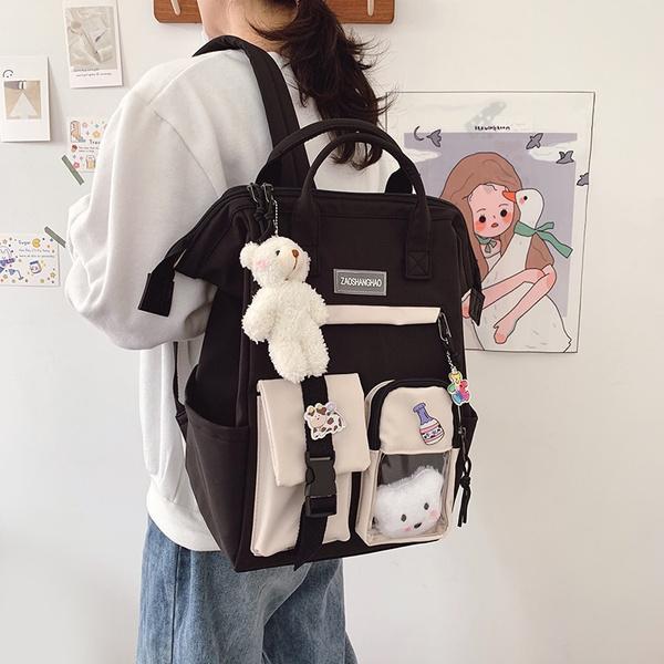 2021 Preppy Lila Rucksack Damen Wasserdicht Bonbonfarben Rucksäcke Ausgefallene Schultaschen für Teenager Mädchen Niedlicher Reiserucksack schwarz
