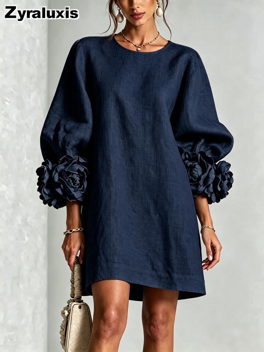 Herbst Neuer Stil Mode Damenkleider Französisches Spitzen-Laternenärmelkleid M cyanblau