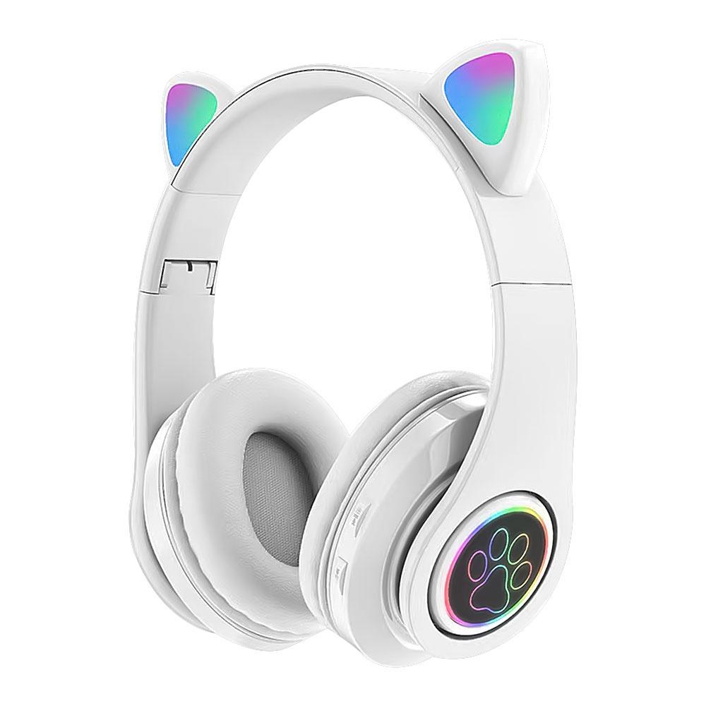 Bluetooth 5.0-Kopfhörer mit Mikrofon, niedliches Katzenohr, kabellos/kabelgebunden, faltbarer Kopfhörer, Bass, RGB-Atmungslicht für Jungen/Mädchen weiß