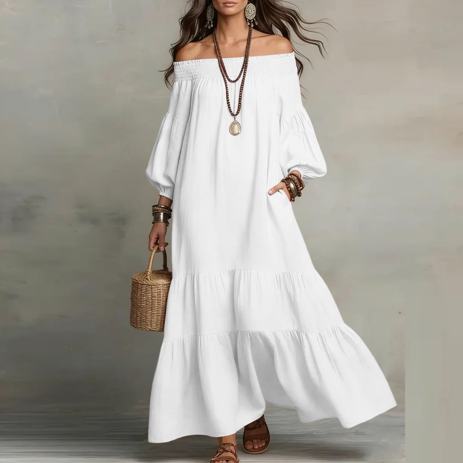 Sommerkleider für Damen 2026 Schulterfrei Lässige Kleider für Damen Locker sitzend Midi-Kleider für Damen Abschlusskleid L weiß