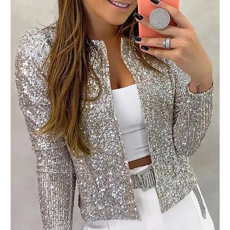 Mode Stehkragen Kontrast Pailletten Mantel Frauen Kleidung Frühling Und Herbst Langarm Jacke Casual Zipper Kurzen Mantel 29445 S silber