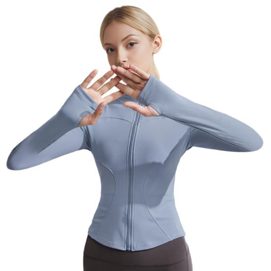 Damen Langarm Trainings Tops Schnelltrocknend Durchgehender Reißverschluss Crop Yoga Sportliche Slim Fit Shirts Yoga Sportbekleidung mit Daumenlöchern zum Laufen Fitnessstudio Aerobic Yoga S