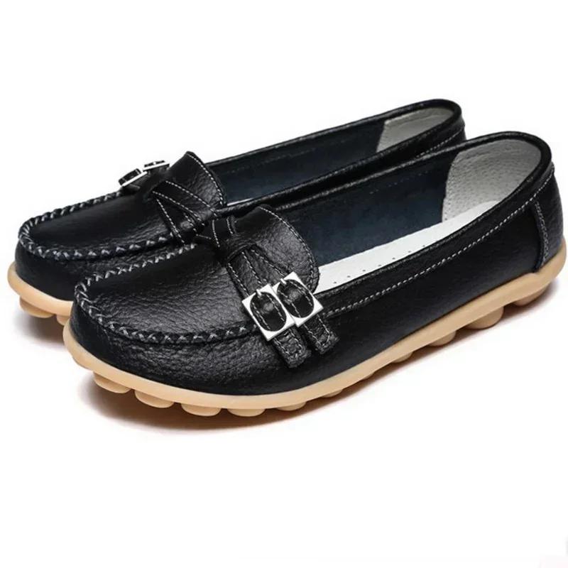 Damen Echte Leder Freizeitschuhe Lady Bean Schuhe Mutter Krankenschwester Flache Bootsschuhe Damen Slipper Weibliche Fahr-Lauf-Sneaker 44 black