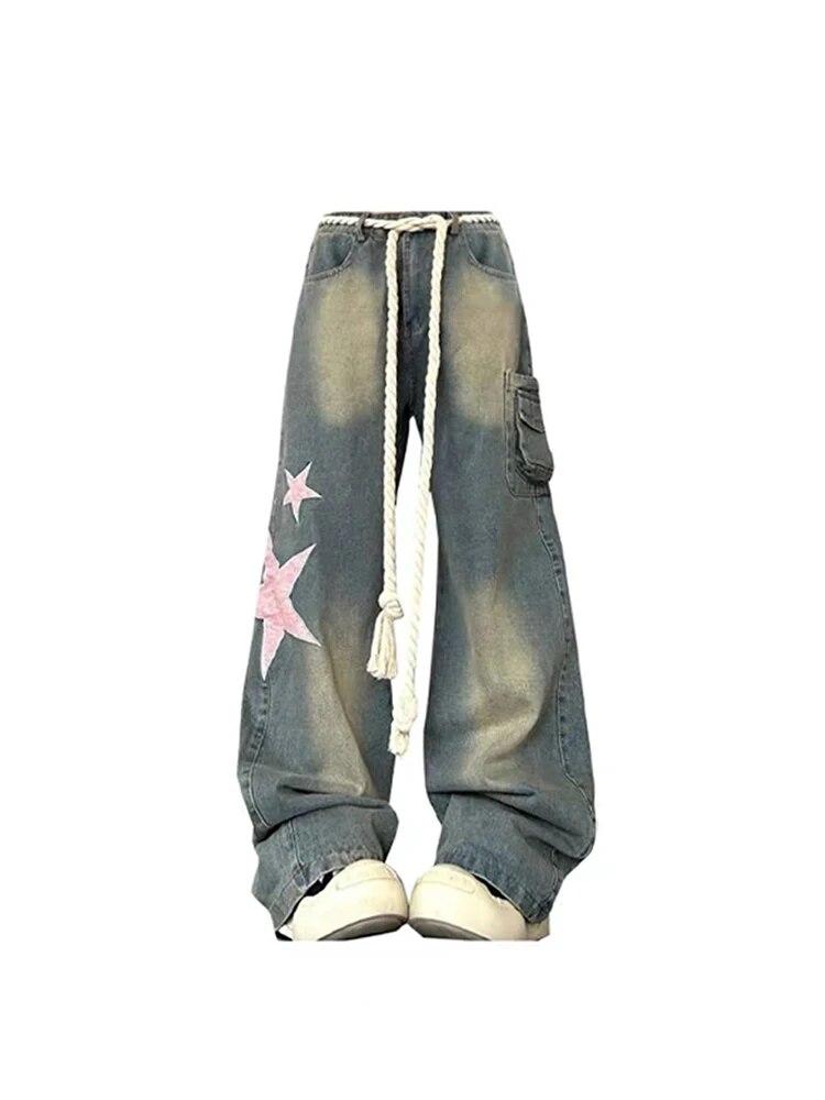 Damen Baggy Star Jeans Vintage Harajuku Oversize High Waist Denim Hose Emo 2000er Y2k 90er Ästhetische weite Hose Trashy Kleidung XL blau