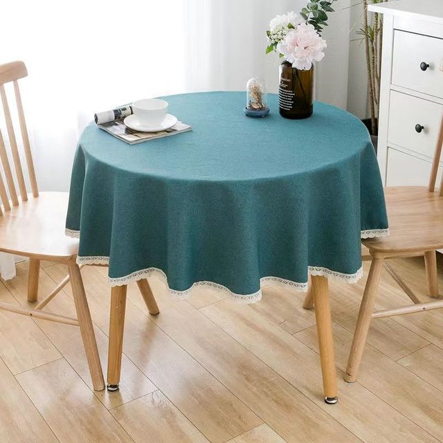 Einfarbige runde Tischdecke mit Spitze, Tischdecke aus Baumwollleinen, für Hochzeiten, Esszimmer, Teetisch, Dekoration Round Diameter 90cm grün