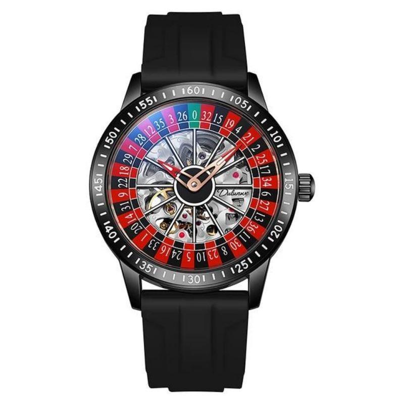 Dulunwe Swinging Rotary Dial Design Hohlskelett Uhren Business Trendy Herren Armbanduhr Roulette Rad Automatische Mechanische Uhr schwarz