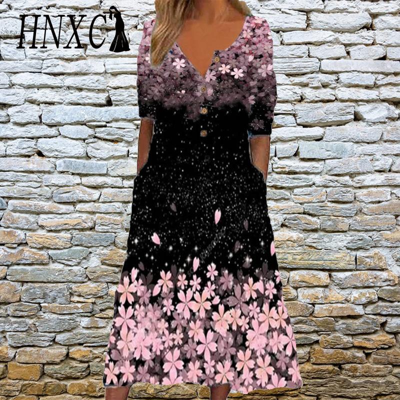 HNXC Elegante Damenkleider V-Ausschnitt Kurzarm Knopf Partykleid Damen Sommer Vintage Druckkleid Lässig Locker Floral Damenkleider M