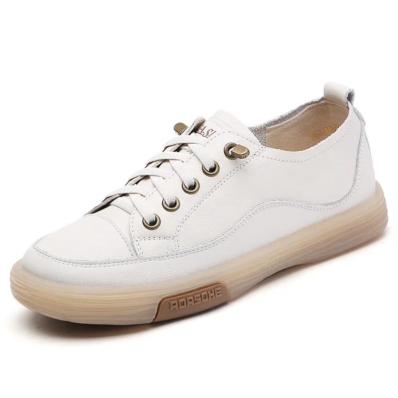 Mode Echtes Leder Schuhe für Frauen Luxus Casual Schuhe Low Top Flache Frauen Tennis Sneakers Breite Zehe Weiche Damen Kleine Weiße Schuhe 40