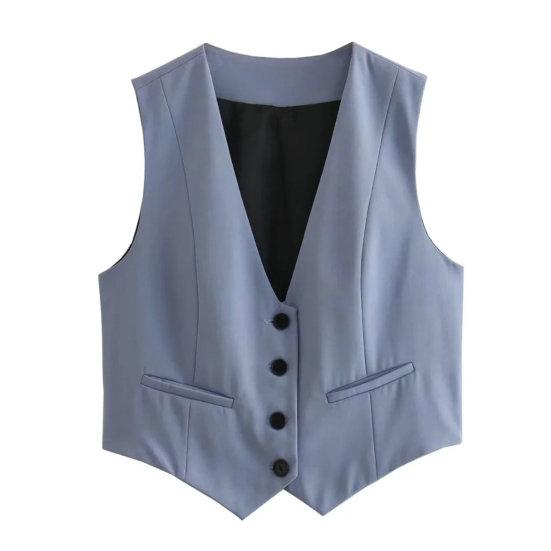 Sommer Frauen V-ausschnitt Ärmellose Weste Einreiher Kleine Taschen Slim Fit Einfarbig Abgeschnitten Weste Mantel Arbeitskleidung S blau
