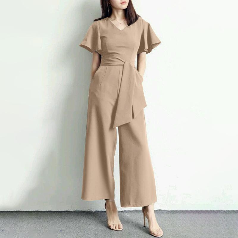 ZANZEA Damen Einfarbig V-Ausschnitt Kurzarm Jumpsuit Weites Bein Jumpsuit M khaki