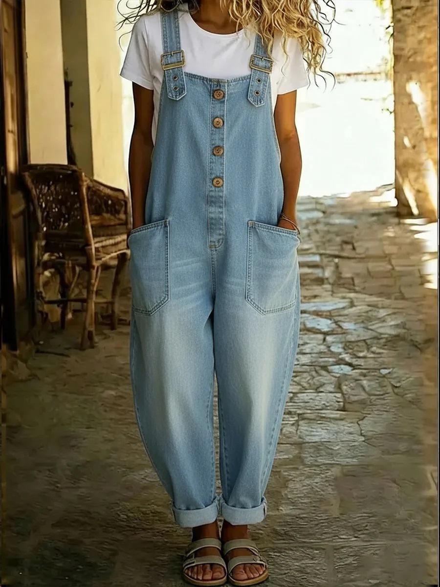 Damen Jeans Latzhose Lockerer Schnitt Weiter Bein Latzhose mit Knopfleiste vorne Verstellbare Träger Große Taschen Vintage Waschung S hellblaue