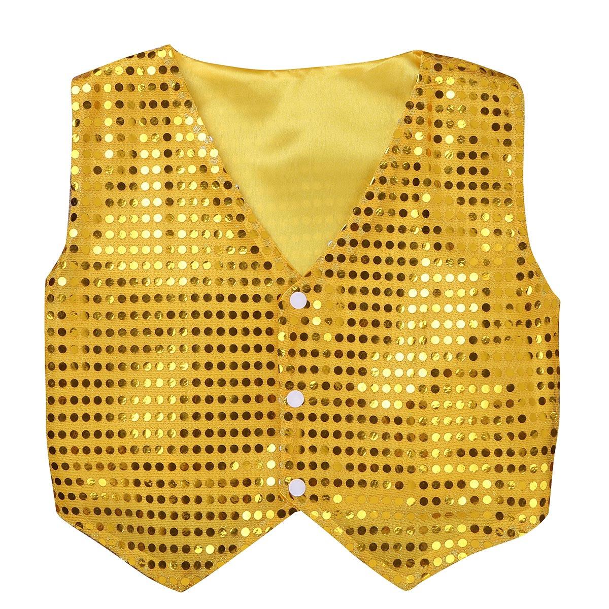 Kinder-Jungen-Oberteil, glitzerndes Pailletten-Hemd, Weste, Kostüme für Chor, Jazz-Tanz, Bühnenauftritt 13-14 Years gold