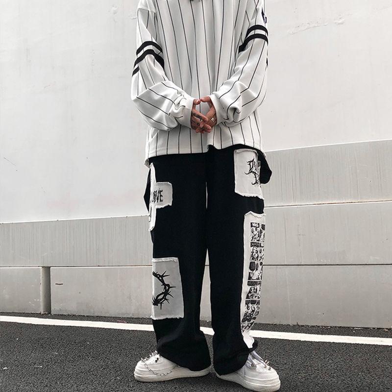 Große Größe Cargo Hosen Männer Frühling Herbst Cartoon Patch Ins Mode Casual Hosen High Street Harajuku Streetwear Männliche Kleidung L schwarz