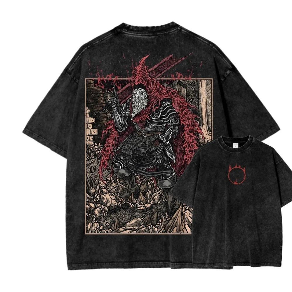 Dark Souls Artorias der Abysswalker Doppelseitiges Grafik-T-Shirt, Vintage Gewaschenes Oversized-Tee, Unisex Dunkler Metal-Stil Spiel Streetwear Oberteil XXXL gold